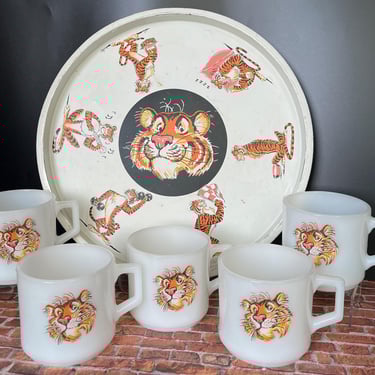 Vintage Esso Exxon Tiger Set of 5 Fire King Milk Glass Mugs and Tin Serving Tray 