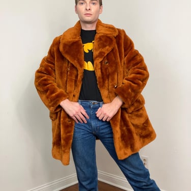 60s Sears burnt orange faux fur double breasted coat 