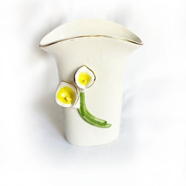Vintage Mid Century Vase Calla lily 3D Flowers White Ceramic 1940's Art Deco Porcelain Decor 