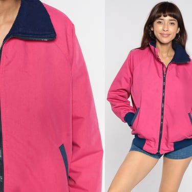 Hot Pink Windbreaker 80s Polar Fleece Lined Jacket Blue Zip Up Retro Windbreaker Vintage 1980s Plain Basic Small S 
