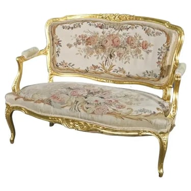 French Louis XV Style Gilded Aubusson Upholstered Settee Canape Circa 1930s