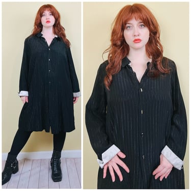 1980s Vintage Perceptions Plus Size Pinstripe Dress / 80s Metallic Black Cream Collar Striped Dress /  Size 20 