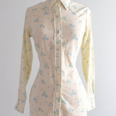 Lovely 1970's Baby Blue Floral Vintage Western Shirt / Sz S