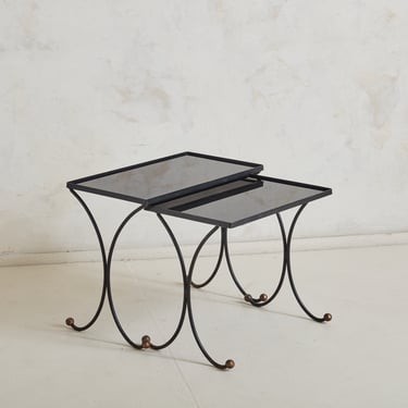 Pair of Black Iron + Smoked Glass Nesting Tables in the Style of Jean Royère, France 1950s