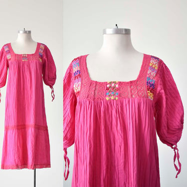 Vintage Bright Pink Cotton Embroidered Mexican Dress / Vintage Summer Dress / Hand Embroidered Pintucked Smock Dress / Cotton Summer Dress 