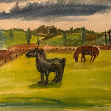 Max Kahn Painting of Horses in a Pasture from 1940 - WPA Era Artwork - Chicago Institute of Art Artist - Signed and Dated - Vintage Decor 