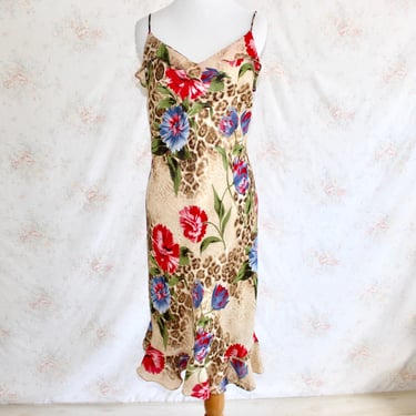 Vintage 90s Slip Dress, 1990s Spaghetti Strap Dress, Party Dress, Slinky Dress, Floral Dress, Leopard Print, Animal Print, Ruffle 
