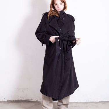 Vintage Bill Blass Long Black Belted Trench Coat 80s Minimalist Lined with Removable Liner Unisex S M L 