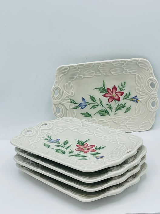 Vintage (5)  Porcelain Snack Sushi Set / Floral pattern Mini Plates / Embossed Dessert Plates- Chip Free 