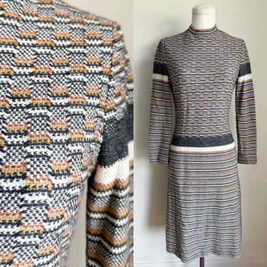 Vintage 1970s Gray & Beige Sweater Dress / S 