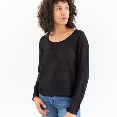 Vintage Black Semi Sheer Embroidered Shirt | Romantic Blouse | XS S 