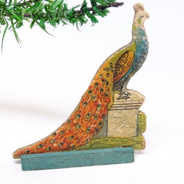 Antique 1930's German Peacock in Wood Stand, Pressed Embossed Cardboard Stand Up Farm Toy for Vintage Christmas Putz or Nativity 