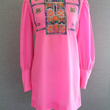 1960's  - Neon Pink - Embroidered Yoke - Cotton - Mini - Dress/Tunic - Marked 