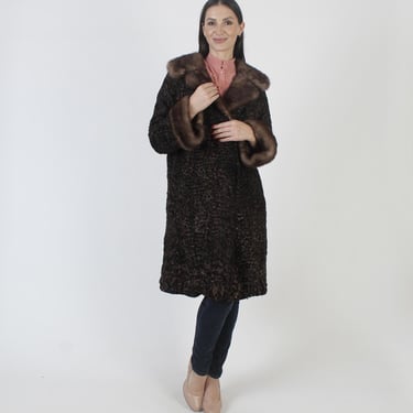 Vintage 70s Brown Lamb Fur Coat, Blue Iris Real Mink Fur Collar, Curly Sheep Jacket, Satin Lined Pockets 