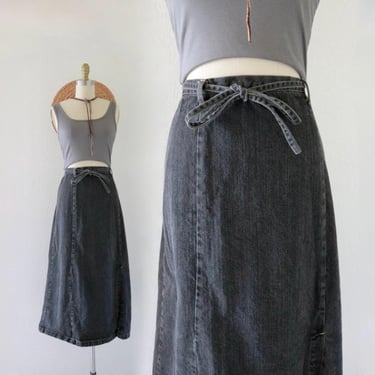 black draw string denim skirt - 29-34 - vintage 90s y2k jean womens maxi minimal casual comfortable simple skirt charcoal gray medium large 