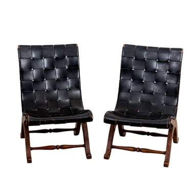 Pair of 1930s Leather Strapped Sling Chairs