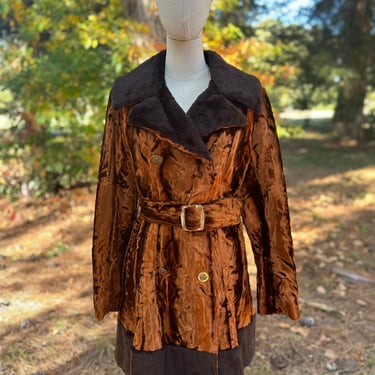 1960s Burnished Chestnut Crushed Velvet Coat with Faux Fur Trim Med 38 Bust Vintage 