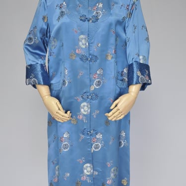 1960s dusty blue floral satin Chinese duster coat XS-M 