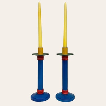 Vintage Candlestick Holders Retro 1980s Memphis Style + Wood + Primary Colors + Set of 2 + Candle Display + Contemporary Decor + Decoration 
