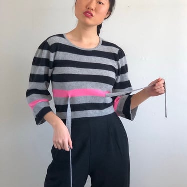90s Sonia Rykiel sweater / vintage angora wool gray + hot pink striped cropped bell sleeve self tie sweater Sonia Rykiel sweater Italy S 