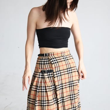 BURBERRY LONDON Vintage Plaid Nova Check High Waist Wool Buckle Wrap Skirt with Half Pleats sz XS S M Check Logo 90s  Kilt Midi 