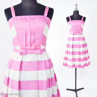 1950s Pink Stripe Cotton Dress | 50s Pink Sun Dress | Barbie Pink Dress | Pat Primo | XS 