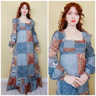 1970s Vintage Blue Young Edwardian Bird Print Maxi Dress / 70s Cotton Patchwork Smocked Empire Waist Prairie Gown / Medium 