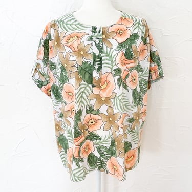 80s Tropical White Green Orange Yellow Floral Blouse | 1X/2X 