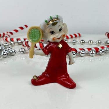 Vintage Racket Ball Playing Pixie Elf, Pickball Playing Elves, Vintage Christmas Pixie Elf Figurine, Shaker Replacement, Red Gold Elf Decor 