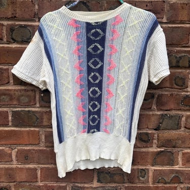 Vintage 1940s Summer Knit Pullover Top Printed Day Glo Mesh Small Medium by TimeBa