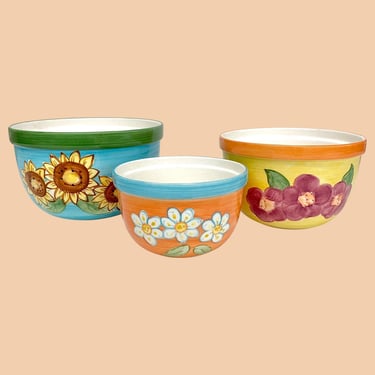 Vintage Lillian Vernon Nesting Bowls Retro 1990s Bohemian + Ceramic + Flower Design + Round + Set of 3 + Kitchen Storage + Floral Home Decor 