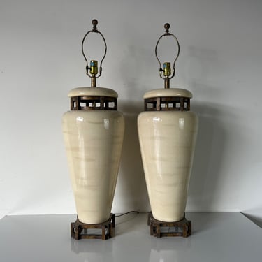 80's Tall Vintage Beige Ceramic Glazed and Accent Metal Table Lamps - a Pair 
