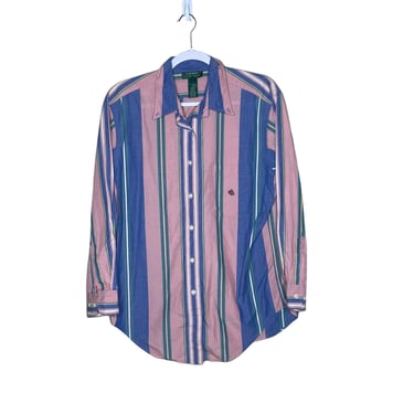 Vintage Women's Lauren Ralph Lauren Pink Blue Striped Color Block Button Down Shirt, Size 10 
