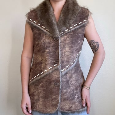Vintage Y2K Daniel Benjamin Brown Faux Fur Western Hippy Waist Coat Vest Sz M 