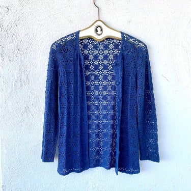 Vintage 70s 80s Crochet Floral Cardigan Navy Blue Lace Cutout Sweater 