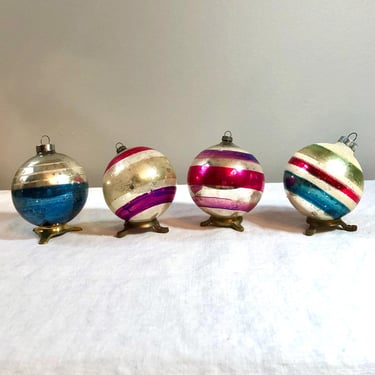 4 Larger, Chippy, Glass, Shiny Brite Christmas Tree Ornaments Balls Orbs - Sugared or Flocked, Silver Pearl Navy Pink Purple, Hand Painted 