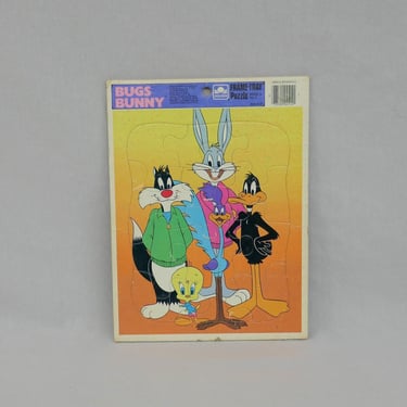 1989 Bug Bunny Frame Tray Puzzle - Looney Tunes Tweety Bird Sylvester Daffy Duck Road Runner - Golden Frame Tray - Vintage 1980s 