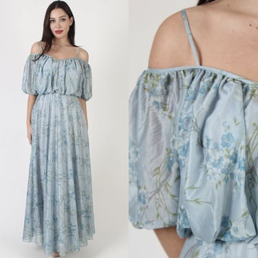 Off The Shoulder Garden Floral Dress / Long Light Blue Bright Flower Print / 70s Etherial Long Prom Gown 