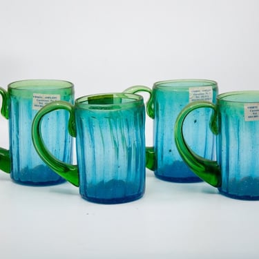 1980's Mexican Sea Glass Hand-Blown Green and Blue Glass Mugs Set of 4 