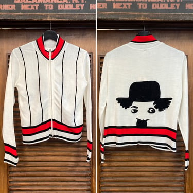 Vintage 1960’s Charlie Chaplin Mod Glam Pop Art Sweater Track Jacket, 60’s Cardigan, Vintage Clothing 