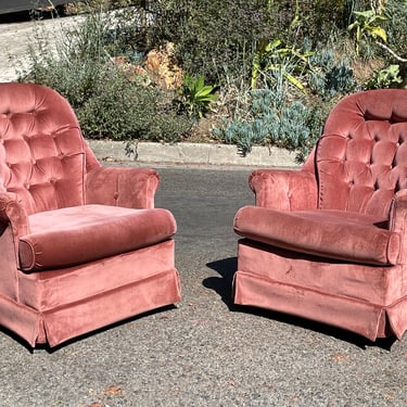 Mid-Century Pink Crushed Velvet Swivel Chairs - Circa 1960s 
