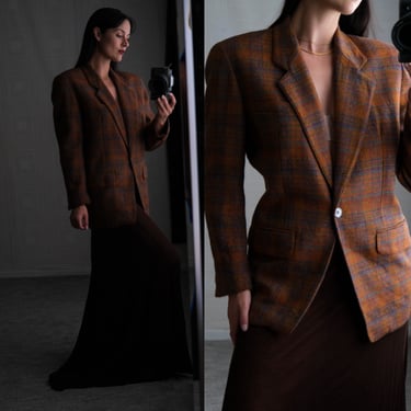 Vintage 80s Anne Klein Golden Brown & Cerulean Earthtone Plaid Single Button Tweed Blazer | Made in USA | 100% Wool | 1980s Designer Coat 