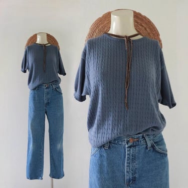 blue short sleeve knit - m - vintage womens size medium 90s y2k shirt blouse short sleeve top 