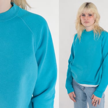 80s Sweatshirt Turquoise Blue Crewneck Sweatshirt Raglan Sleeve Plain Slouchy 1980s Vintage Sweat Shirt Medium 