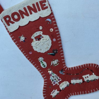 Vintage Handmade Felt Christmas Stocking, "Ronnie", Hand Stitched, Sequins, Kitschy Design 