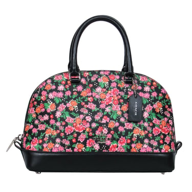 Coach - Black & Pink Floral Mini Bowler-Style Pebbled Leather Handbag