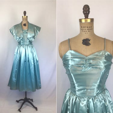 Vintage 50s dress | Vintage aquamarine duchess satin party dress | 1950s Party Line by Domb cocktail dress 