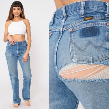 Ripped Wrangler Jeans 90s Distressed High Waisted Jeans Jeans Straight Leg Butt Rip 1990s Denim Pants Blue Vintage Medium 32 x 38 