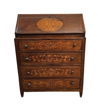 Antique Northern Spain Mahogany Marquetry Drop Front Bureau Secretary Desk Chest Of Drawers Late 18th/ Early 19th Century 