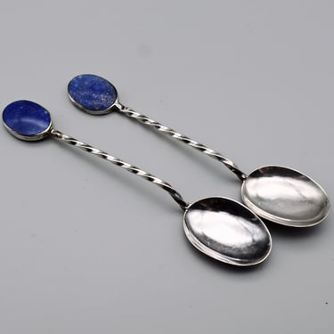 70's 925 silver lapis lazuli Chile demitasse spoons, two twisted sterling blue stone coffee spoons 